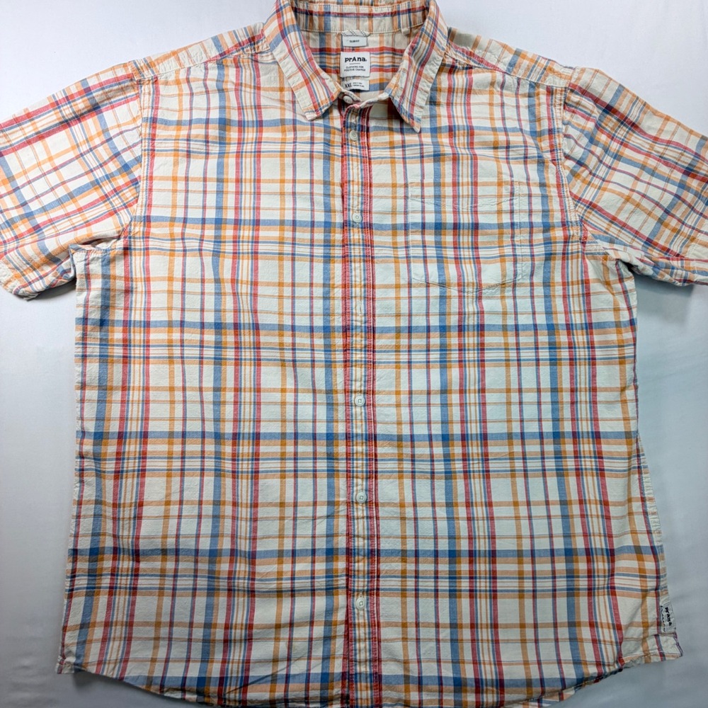 Prana Slim Fit Plaid Shirt XXL Organic Cotton Short Sleeve Casual Outdoor